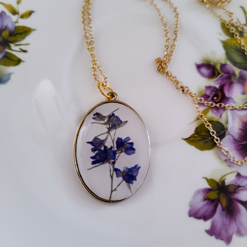 Elegant Goldtone and Blue Floral Cottagecore Garden Girl Pendant Necklace